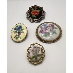 4 Vintage Gold Tone Mixed Style Flower Cameo Costume Brooches 1 Signed READ